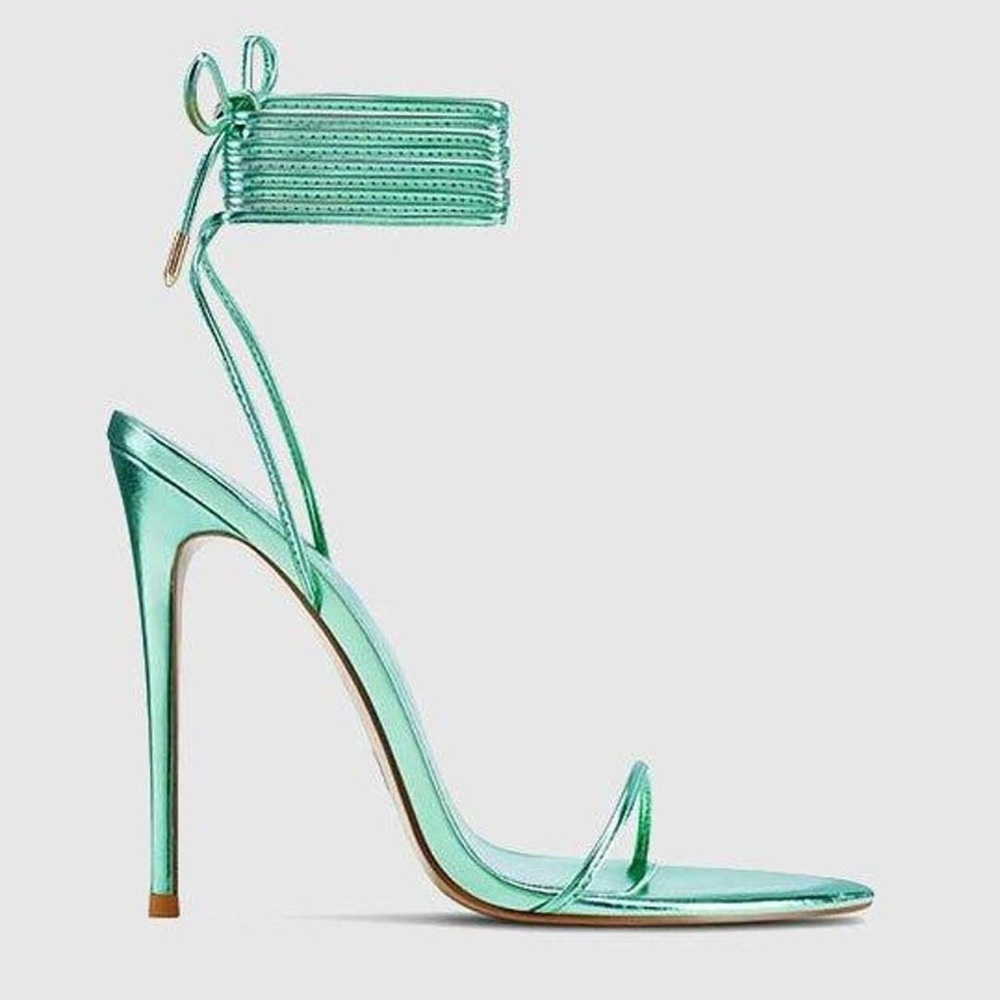 FEMME LA Green Metallic Ankle-Tie Stiletto Sandal - Women Size 10